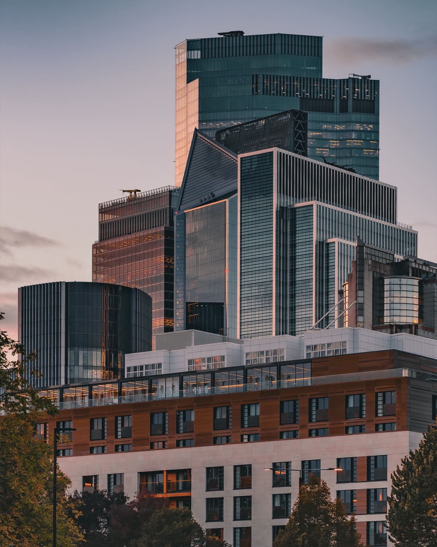 Modern commercial buildings at sunset