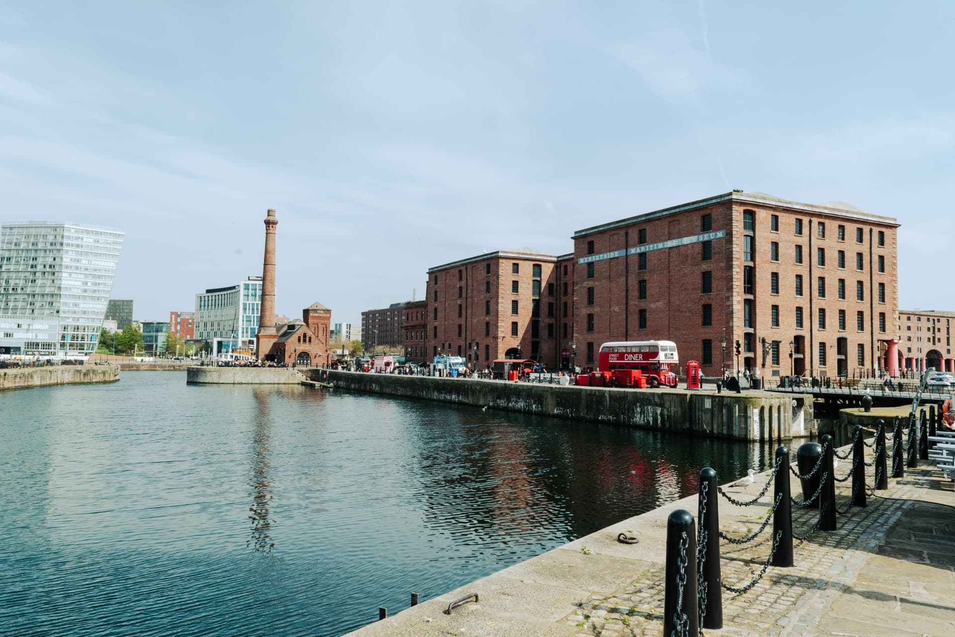 Brick commercial buildings beside a waterfront